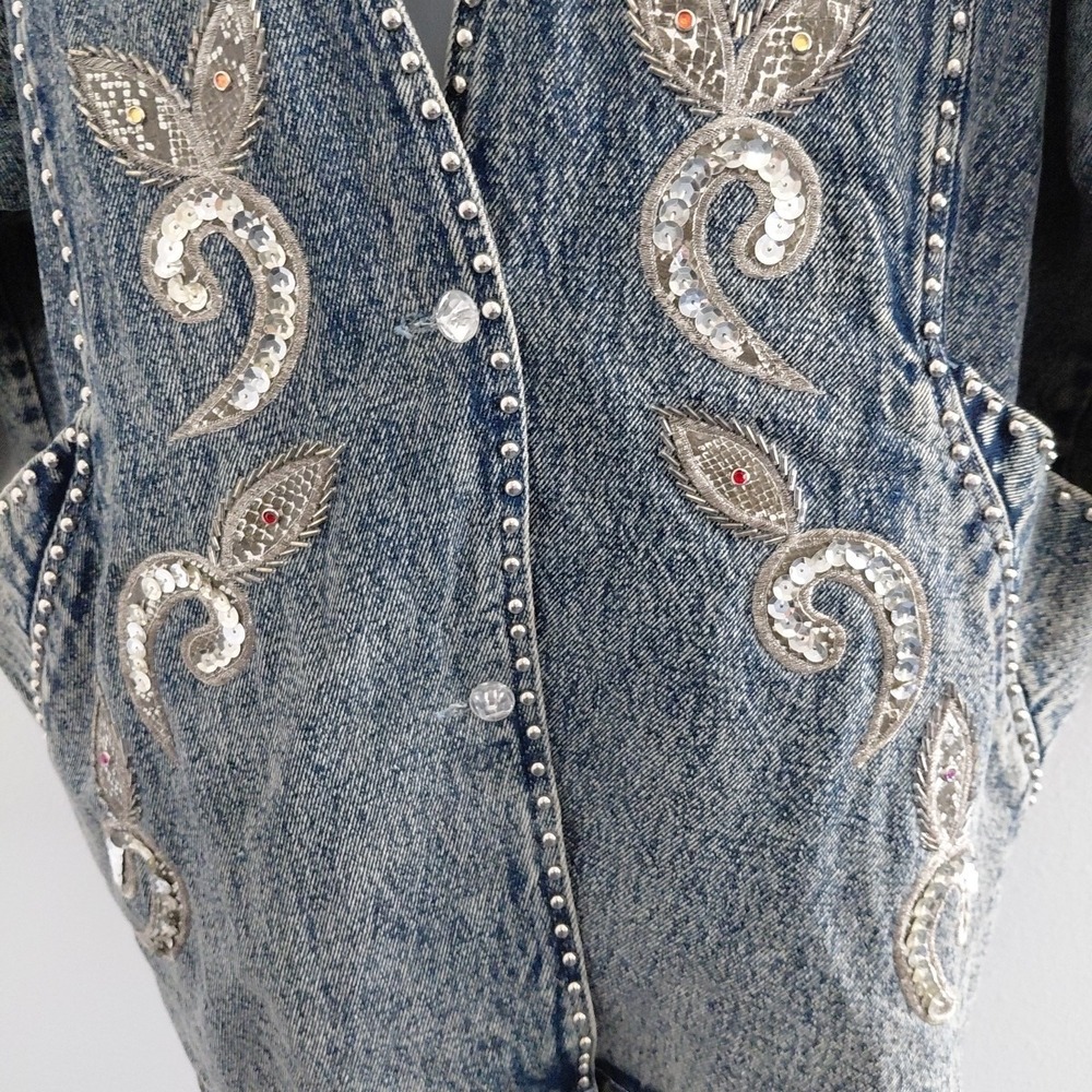80's Bling Denim Jacket Womens Medium Acid Wash Deep V 90210 Preppy Retro Punk - Picture 7 of 16